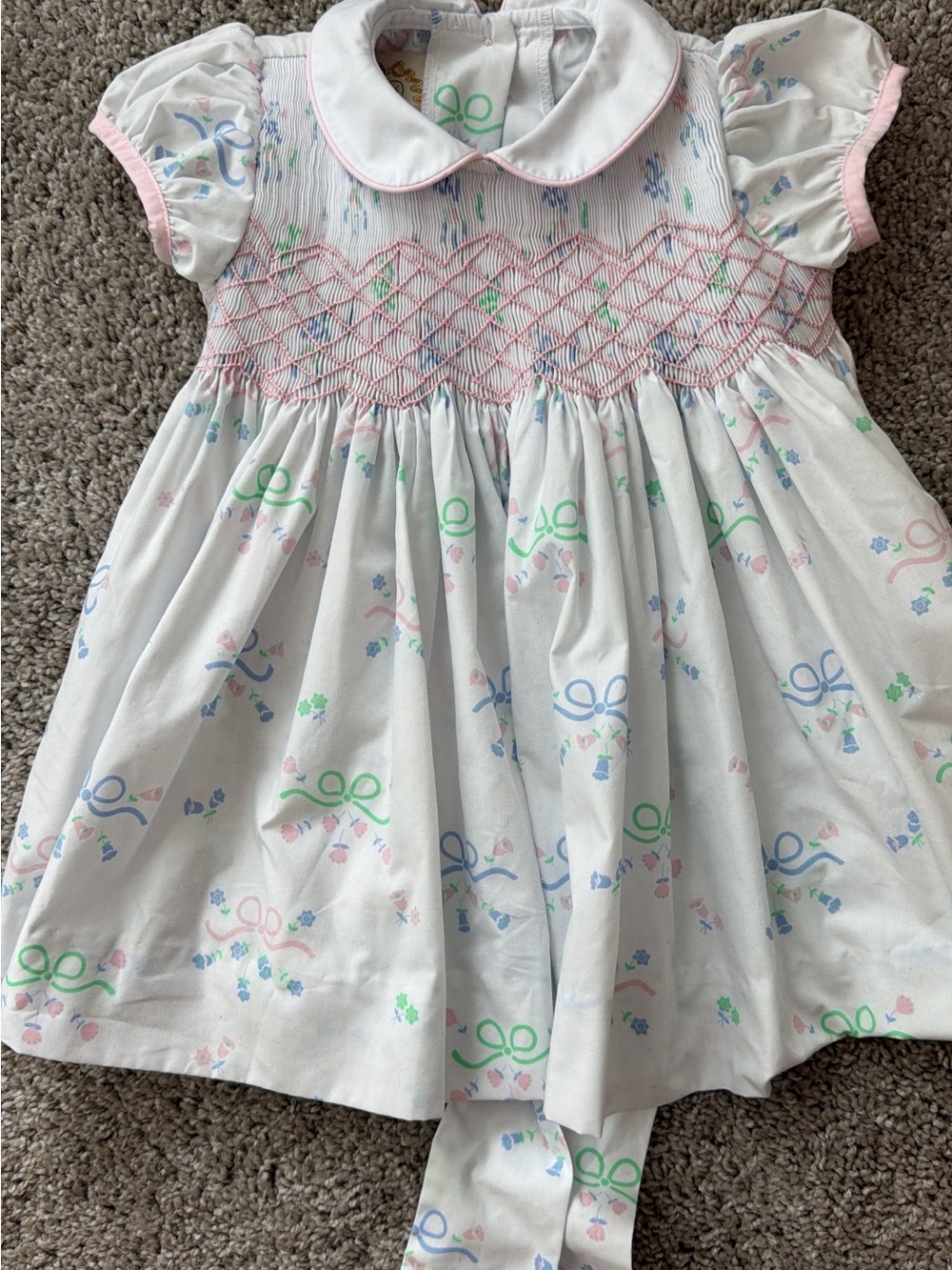 Smocked White Baby Dress with Pastel Bows